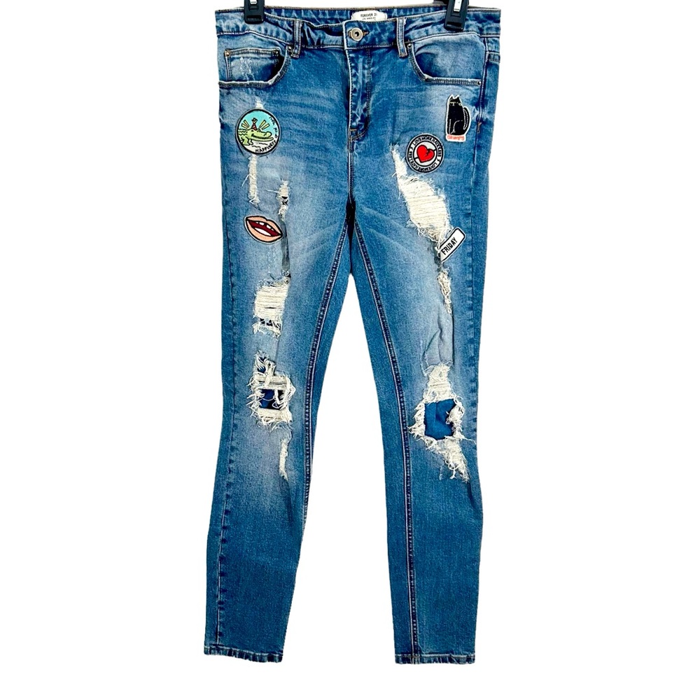 Forever 21 Distressed Emoji Patch Skinny Jeans, Juniors Size 28